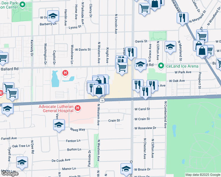 map of restaurants, bars, coffee shops, grocery stores, and more near 8730 West Dempster Street in Niles