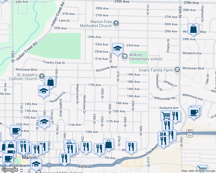 map of restaurants, bars, coffee shops, grocery stores, and more near 1535 25th Street in Marion