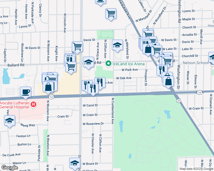 map of restaurants, bars, coffee shops, grocery stores, and more near 8423 West Oak Avenue in Niles