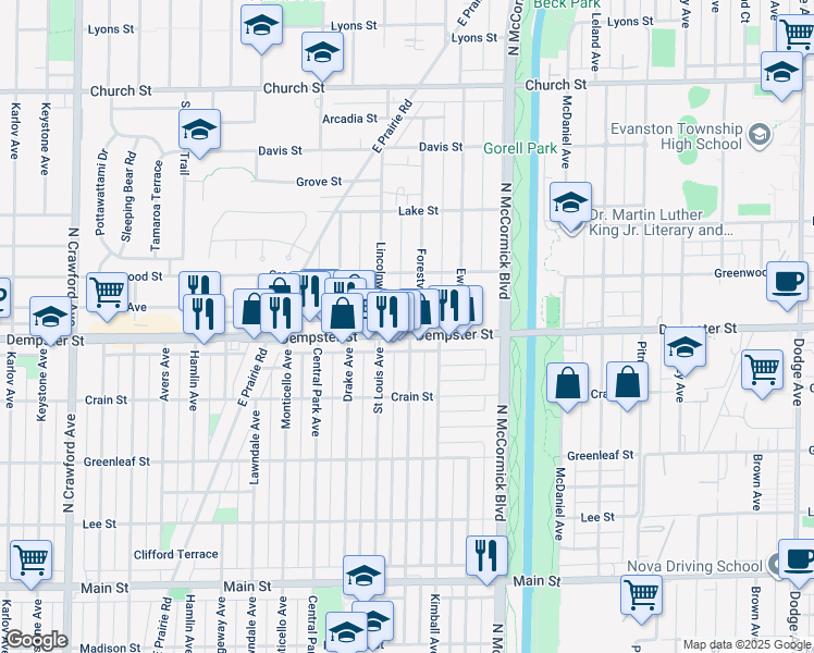 map of restaurants, bars, coffee shops, grocery stores, and more near 3415 Dempster Street in Skokie