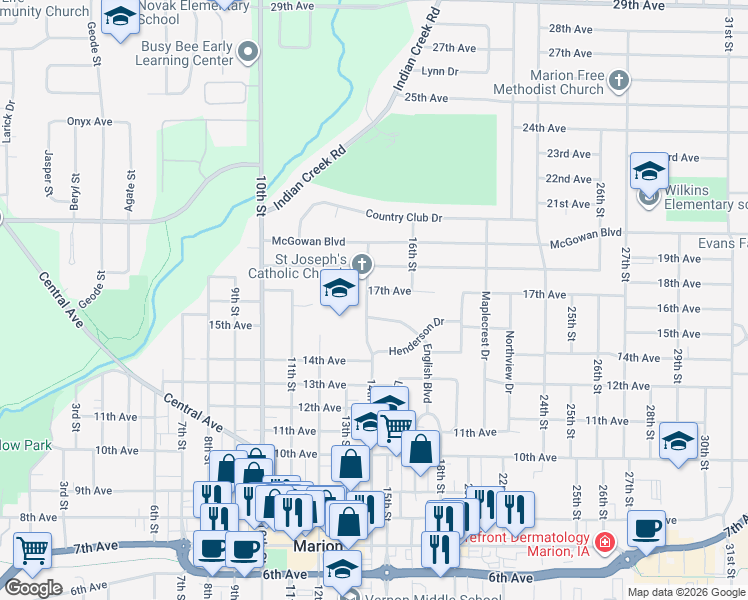 map of restaurants, bars, coffee shops, grocery stores, and more near 1405 James Drive in Marion