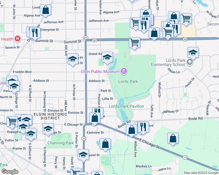 map of restaurants, bars, coffee shops, grocery stores, and more near 210 Grand Boulevard in Elgin