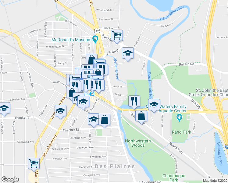map of restaurants, bars, coffee shops, grocery stores, and more near 677 South River Road in Des Plaines