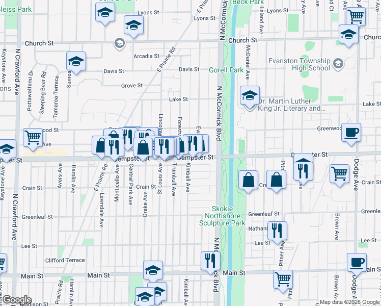 map of restaurants, bars, coffee shops, grocery stores, and more near 3339 Dempster Street in Skokie