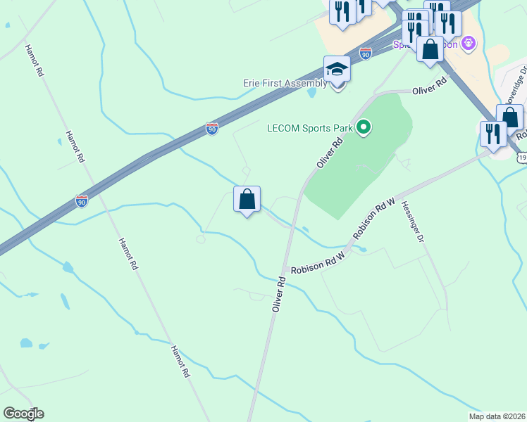 map of restaurants, bars, coffee shops, grocery stores, and more near 8140 Hawthorne Drive in Erie