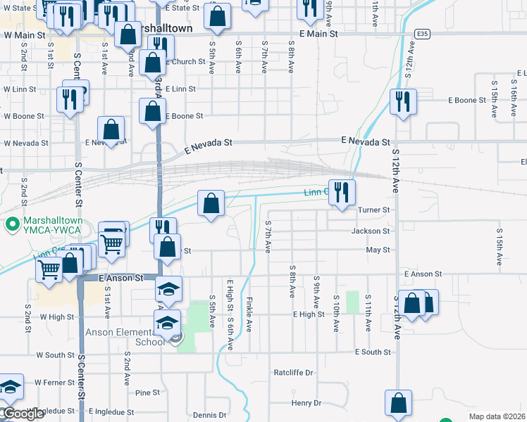 map of restaurants, bars, coffee shops, grocery stores, and more near 704 Jackson Street in Marshalltown