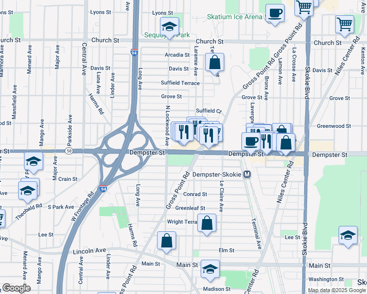 map of restaurants, bars, coffee shops, grocery stores, and more near 8802 Gross Point Road in Skokie