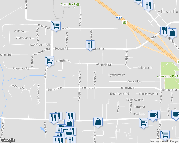 map of restaurants, bars, coffee shops, grocery stores, and more near 285 North 17th Avenue in Hiawatha
