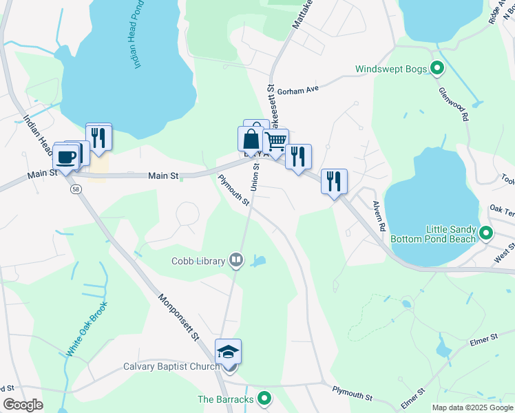 map of restaurants, bars, coffee shops, grocery stores, and more near 41 Plymouth Street in Pembroke