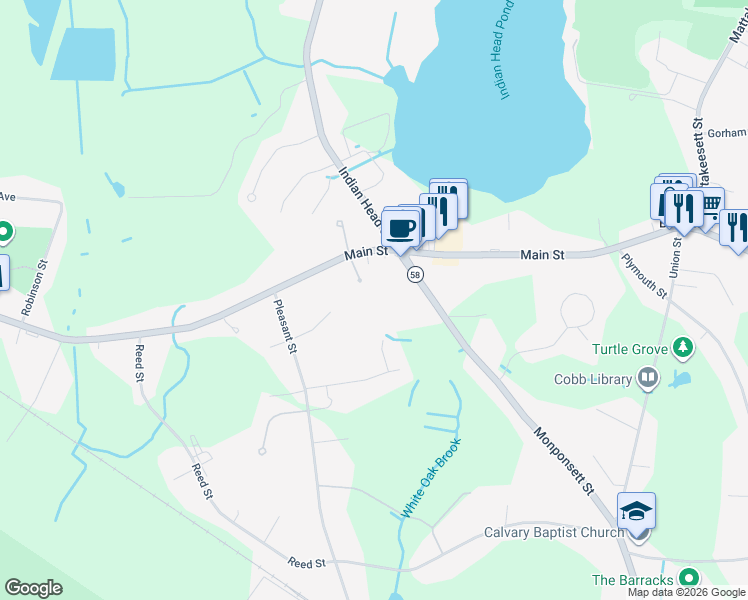 map of restaurants, bars, coffee shops, grocery stores, and more near 38 Sandy Terrace in Hanson