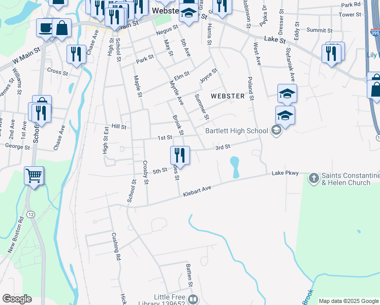 map of restaurants, bars, coffee shops, grocery stores, and more near 42 Brook Street in Webster