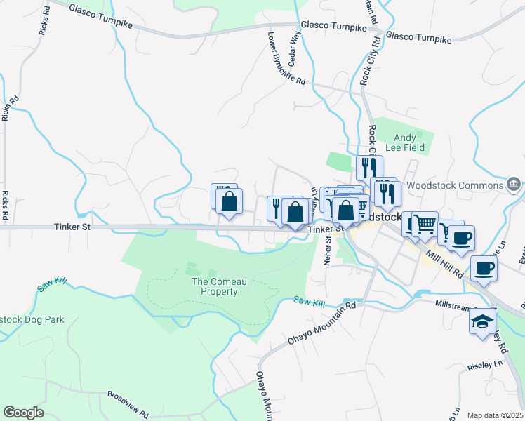 map of restaurants, bars, coffee shops, grocery stores, and more near 120 Tinker Street in Woodstock