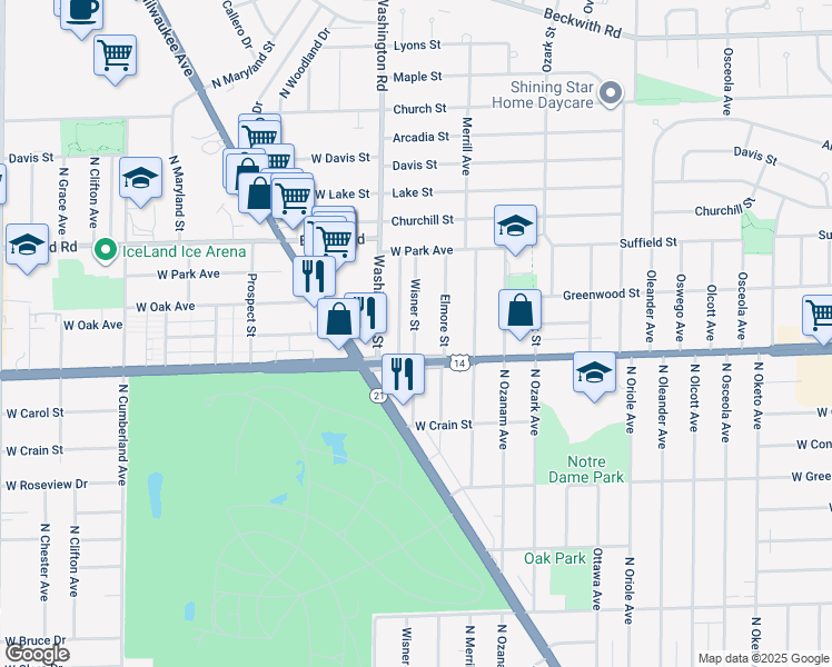 map of restaurants, bars, coffee shops, grocery stores, and more near 8800 North Wisner Street in Niles