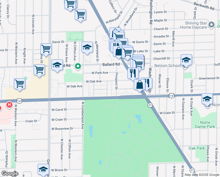 map of restaurants, bars, coffee shops, grocery stores, and more near 8800 North Prospect Street in Niles