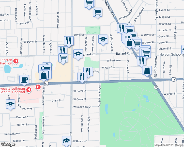 map of restaurants, bars, coffee shops, grocery stores, and more near 8430 West Dempster Street in Niles