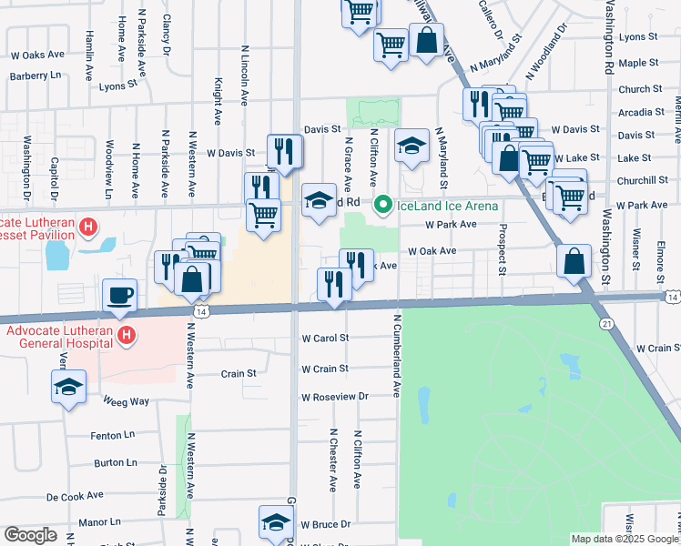 map of restaurants, bars, coffee shops, grocery stores, and more near 8500 West Dempster Street in Niles