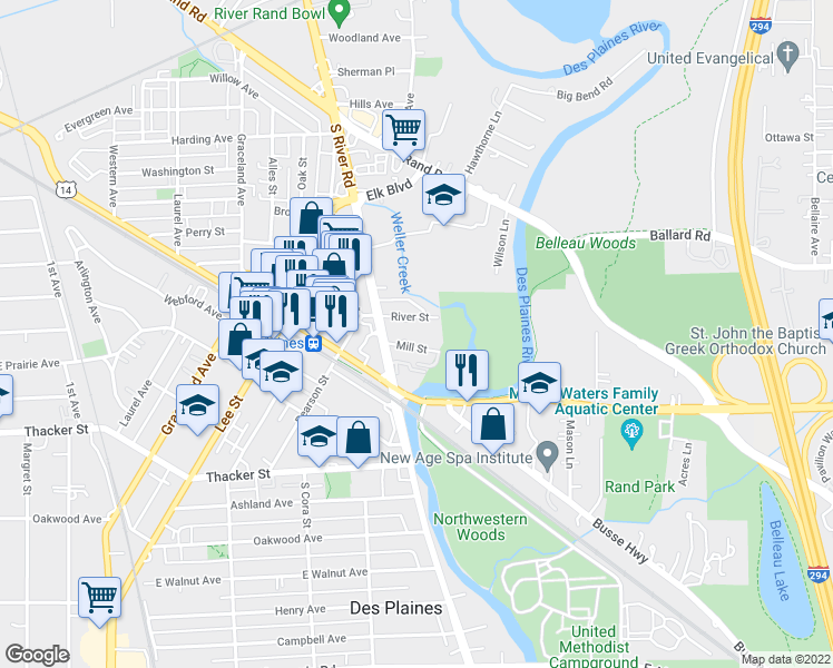 map of restaurants, bars, coffee shops, grocery stores, and more near 1685 Mill Street in Des Plaines