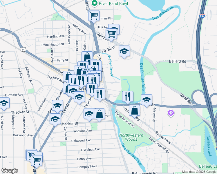 map of restaurants, bars, coffee shops, grocery stores, and more near 1675 Mill Street in Des Plaines