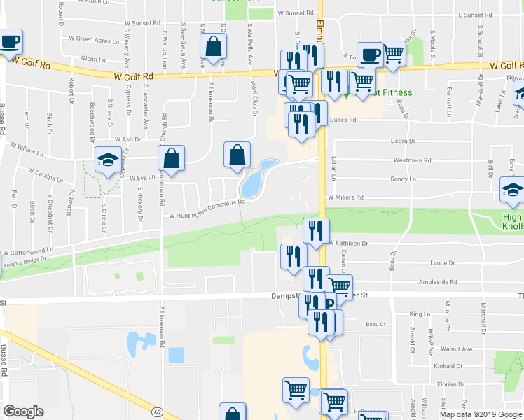 map of restaurants, bars, coffee shops, grocery stores, and more near in Mount Prospect