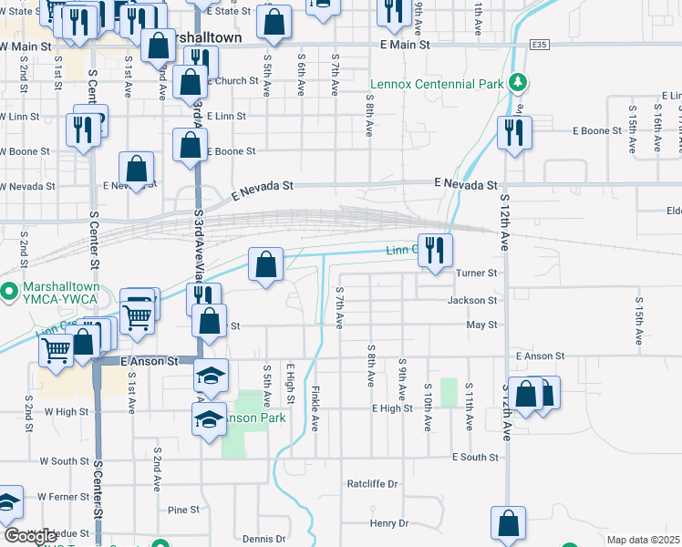 map of restaurants, bars, coffee shops, grocery stores, and more near 704 Jackson Street in Marshalltown