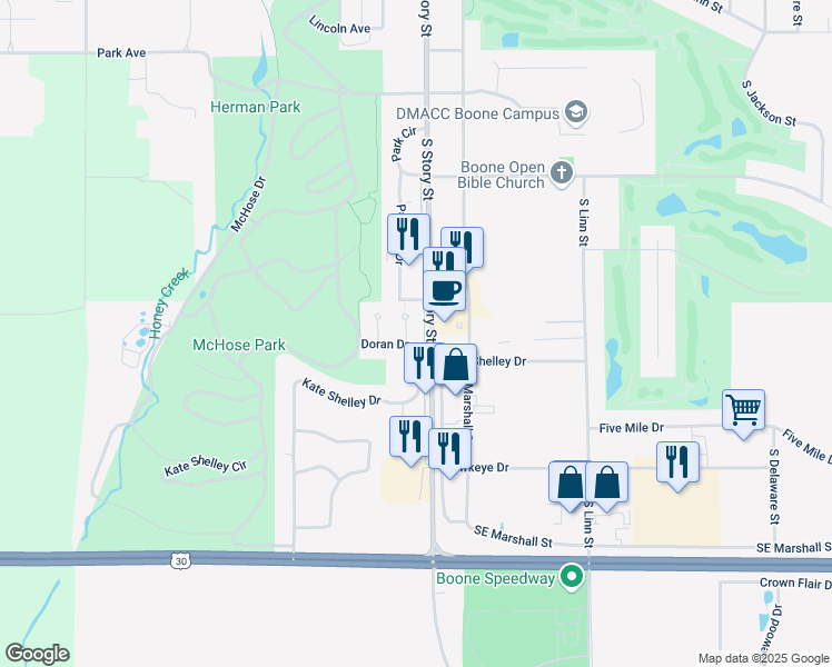 map of restaurants, bars, coffee shops, grocery stores, and more near 938-998 Doran Drive in Boone