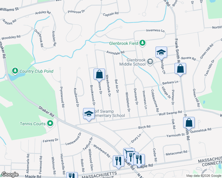 map of restaurants, bars, coffee shops, grocery stores, and more near 119 Meadowlark Drive in Longmeadow
