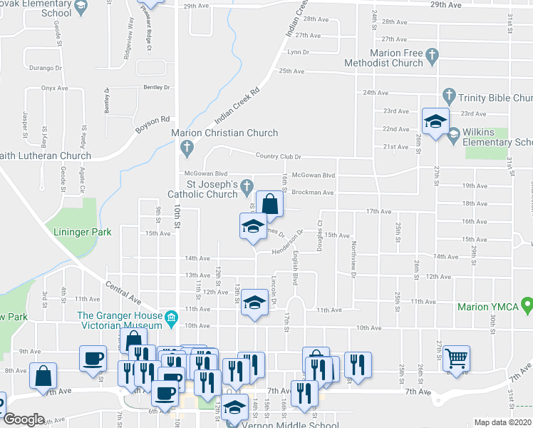 map of restaurants, bars, coffee shops, grocery stores, and more near 1485 17th Avenue in Marion