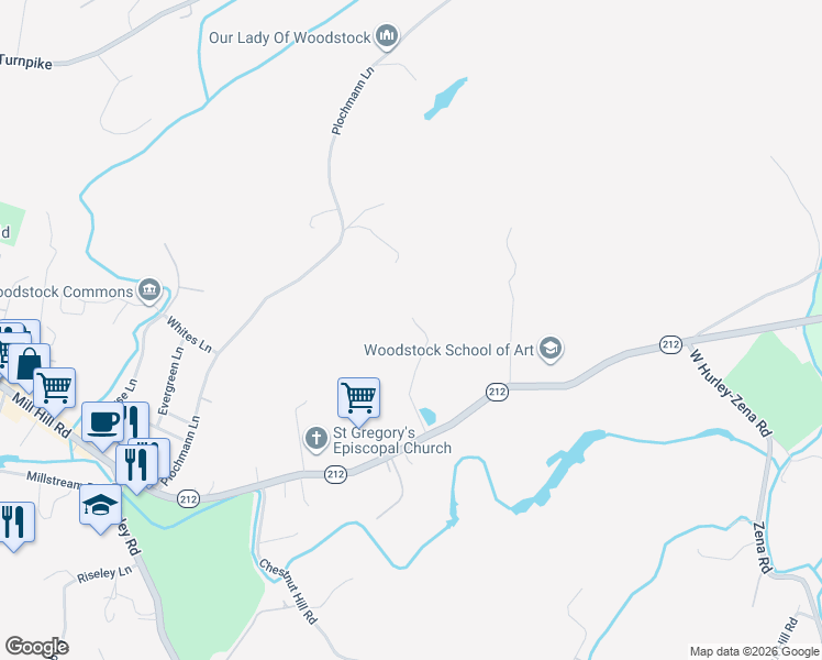 map of restaurants, bars, coffee shops, grocery stores, and more near 35 Wardwell Lane in Woodstock
