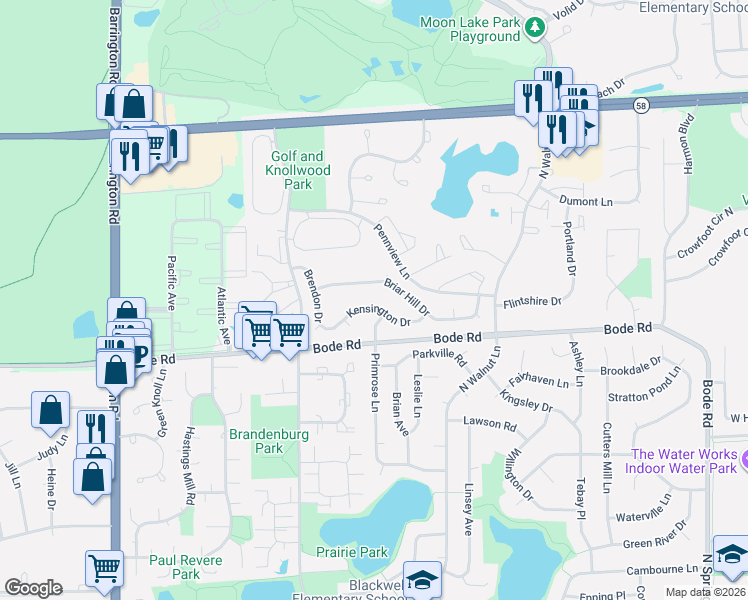 map of restaurants, bars, coffee shops, grocery stores, and more near 2229 Kensington Drive in Schaumburg
