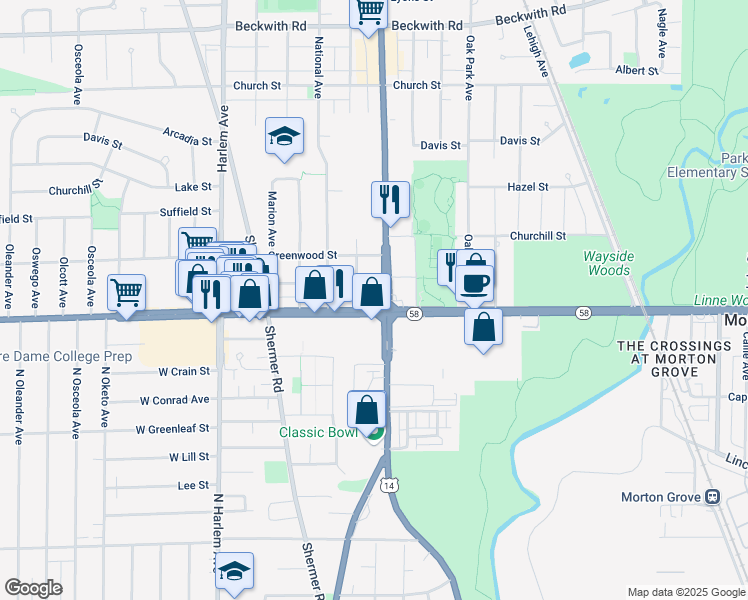 map of restaurants, bars, coffee shops, grocery stores, and more near 6941 Dempster Street in Morton Grove