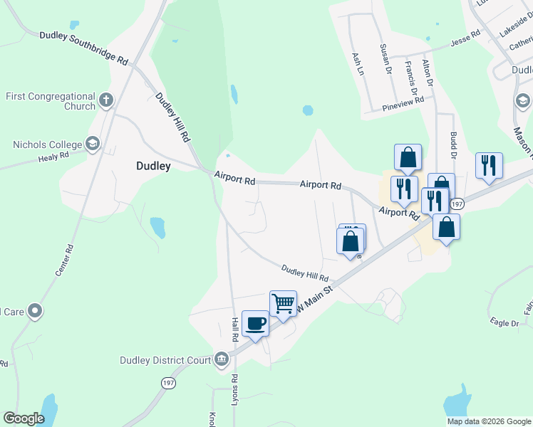 map of restaurants, bars, coffee shops, grocery stores, and more near 20 Dudley Hill Road in Dudley