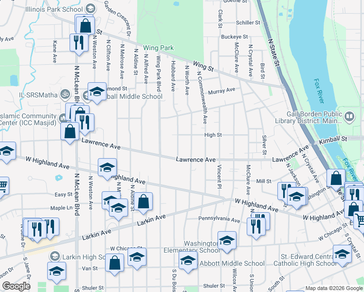 map of restaurants, bars, coffee shops, grocery stores, and more near 304 North Worth Avenue in Elgin
