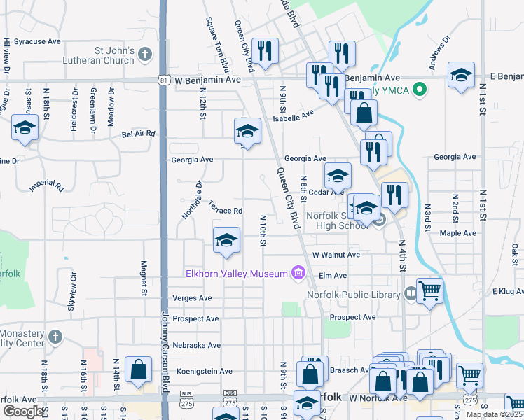 map of restaurants, bars, coffee shops, grocery stores, and more near 902 North 10th Street in Norfolk