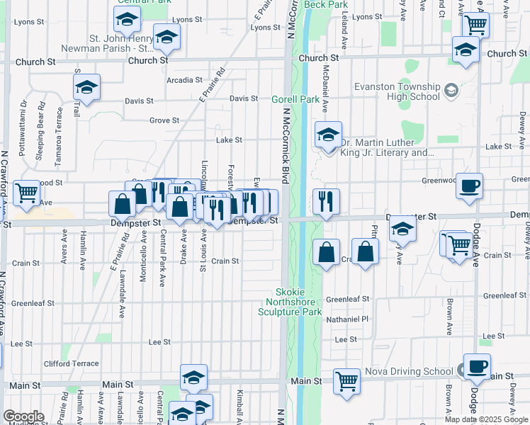 map of restaurants, bars, coffee shops, grocery stores, and more near 8833 Ewing Avenue in Evanston