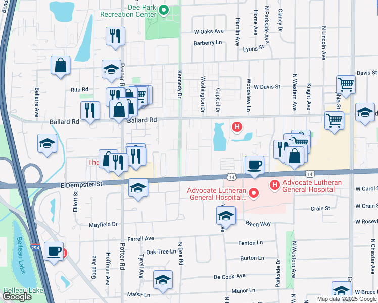 map of restaurants, bars, coffee shops, grocery stores, and more near 8995 Kennedy Drive in Des Plaines