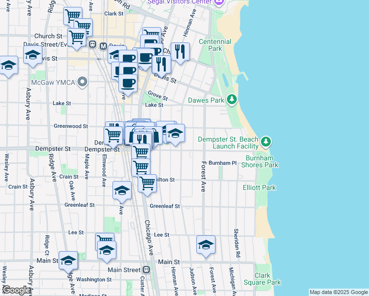 map of restaurants, bars, coffee shops, grocery stores, and more near 1301 Judson Avenue in Evanston