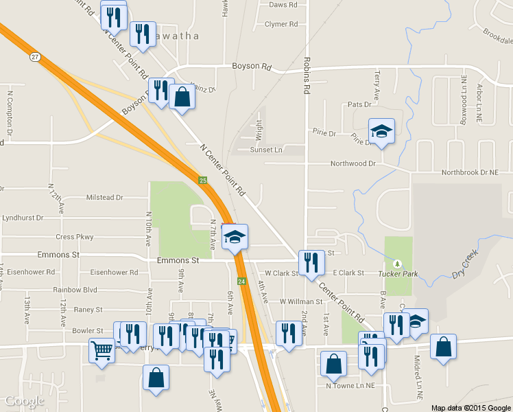 map of restaurants, bars, coffee shops, grocery stores, and more near Cedar Valley Nature Trail in Hiawatha