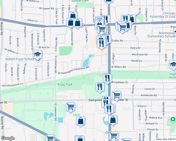 map of restaurants, bars, coffee shops, grocery stores, and more near 601 West Huntington Commons Road in Mount Prospect