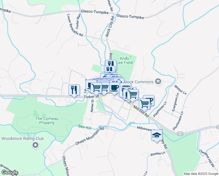 map of restaurants, bars, coffee shops, grocery stores, and more near 16 Rock City Road in Woodstock