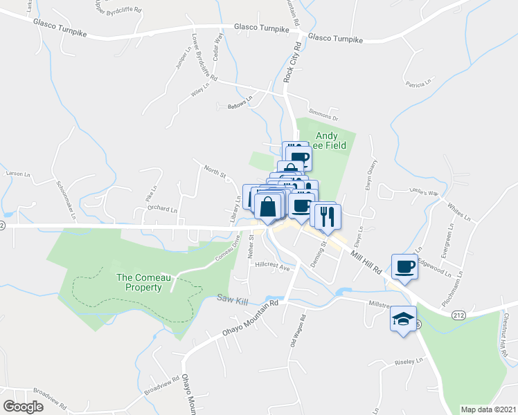 map of restaurants, bars, coffee shops, grocery stores, and more near 48 Mountainview Avenue in Woodstock
