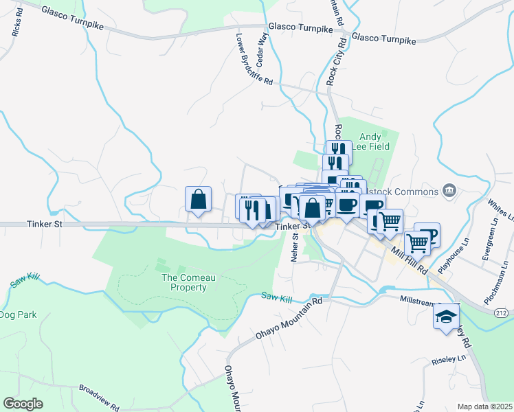 map of restaurants, bars, coffee shops, grocery stores, and more near 130 Orchard Lane North in Woodstock