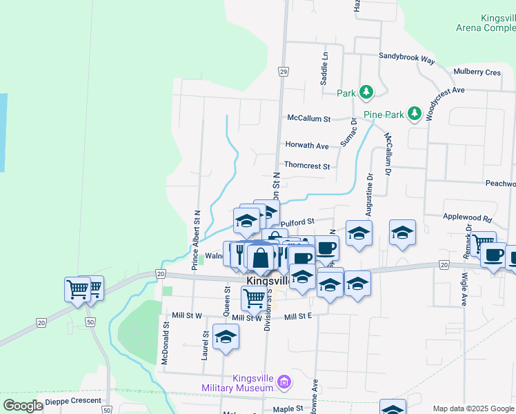 map of restaurants, bars, coffee shops, grocery stores, and more near 124 Division Street North in Kingsville