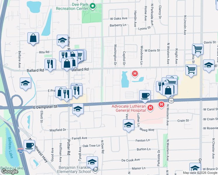map of restaurants, bars, coffee shops, grocery stores, and more near 8909 Robin Drive in Des Plaines