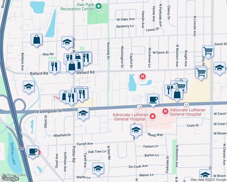 map of restaurants, bars, coffee shops, grocery stores, and more near 8995 Kennedy Drive in Des Plaines