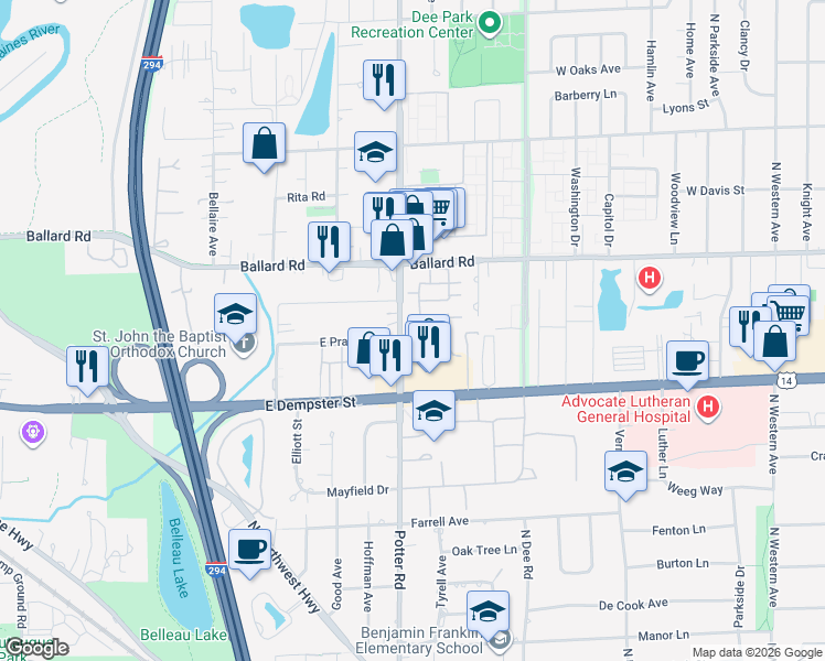 map of restaurants, bars, coffee shops, grocery stores, and more near 9395 Landings Lane in Des Plaines