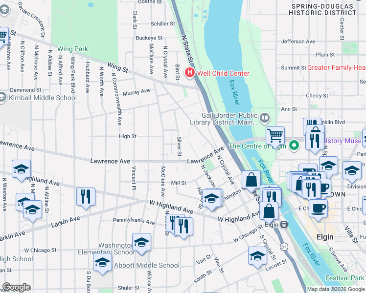 map of restaurants, bars, coffee shops, grocery stores, and more near 360 North Crystal Avenue in Elgin