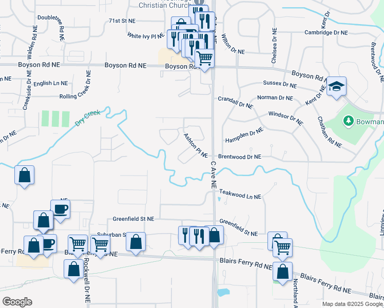 map of restaurants, bars, coffee shops, grocery stores, and more near 505 Ashton Place Northeast in Cedar Rapids