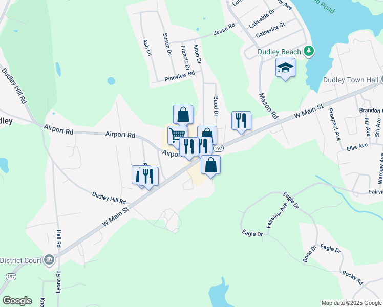 map of restaurants, bars, coffee shops, grocery stores, and more near 1 Alton Drive in Dudley
