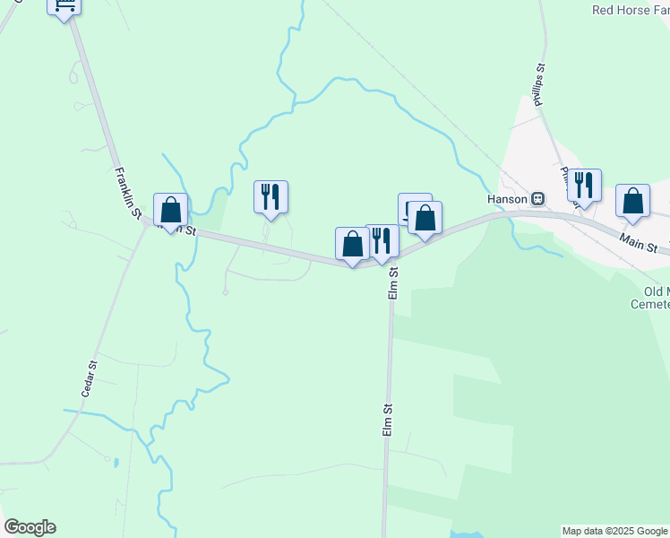 map of restaurants, bars, coffee shops, grocery stores, and more near 1407 Main Street in Hanson