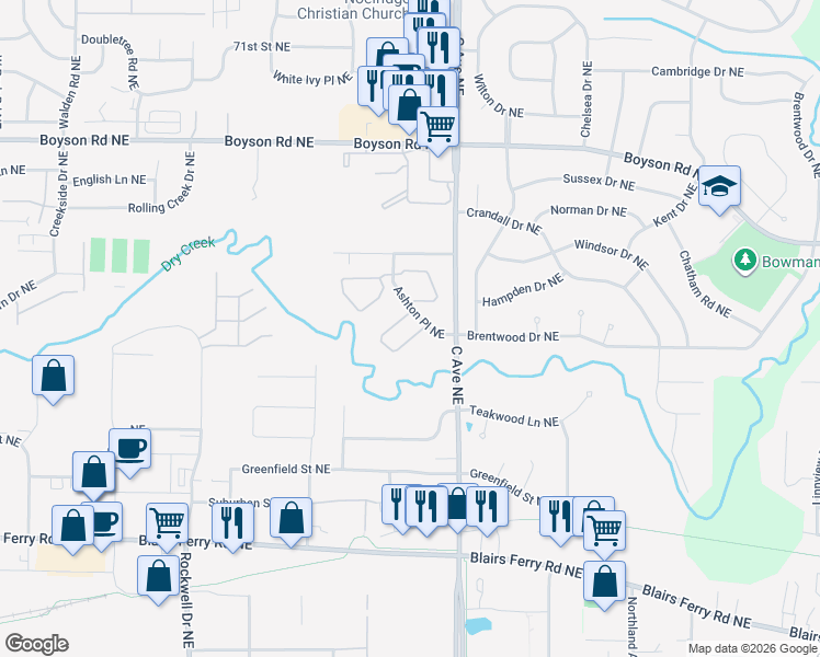 map of restaurants, bars, coffee shops, grocery stores, and more near 427 Ashton Place Northeast in Cedar Rapids